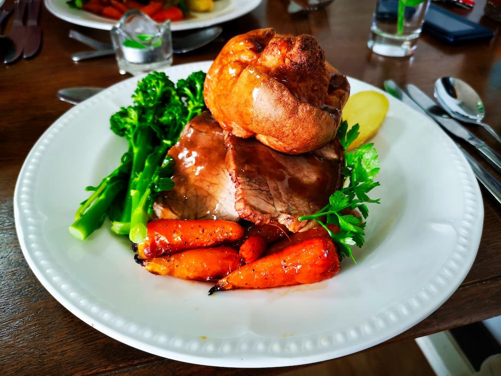 Sunday roast at 66 Sheep Street, Skipton — slow-roasted Yorkshire beef with Yorkshire pudding and all the trimmings